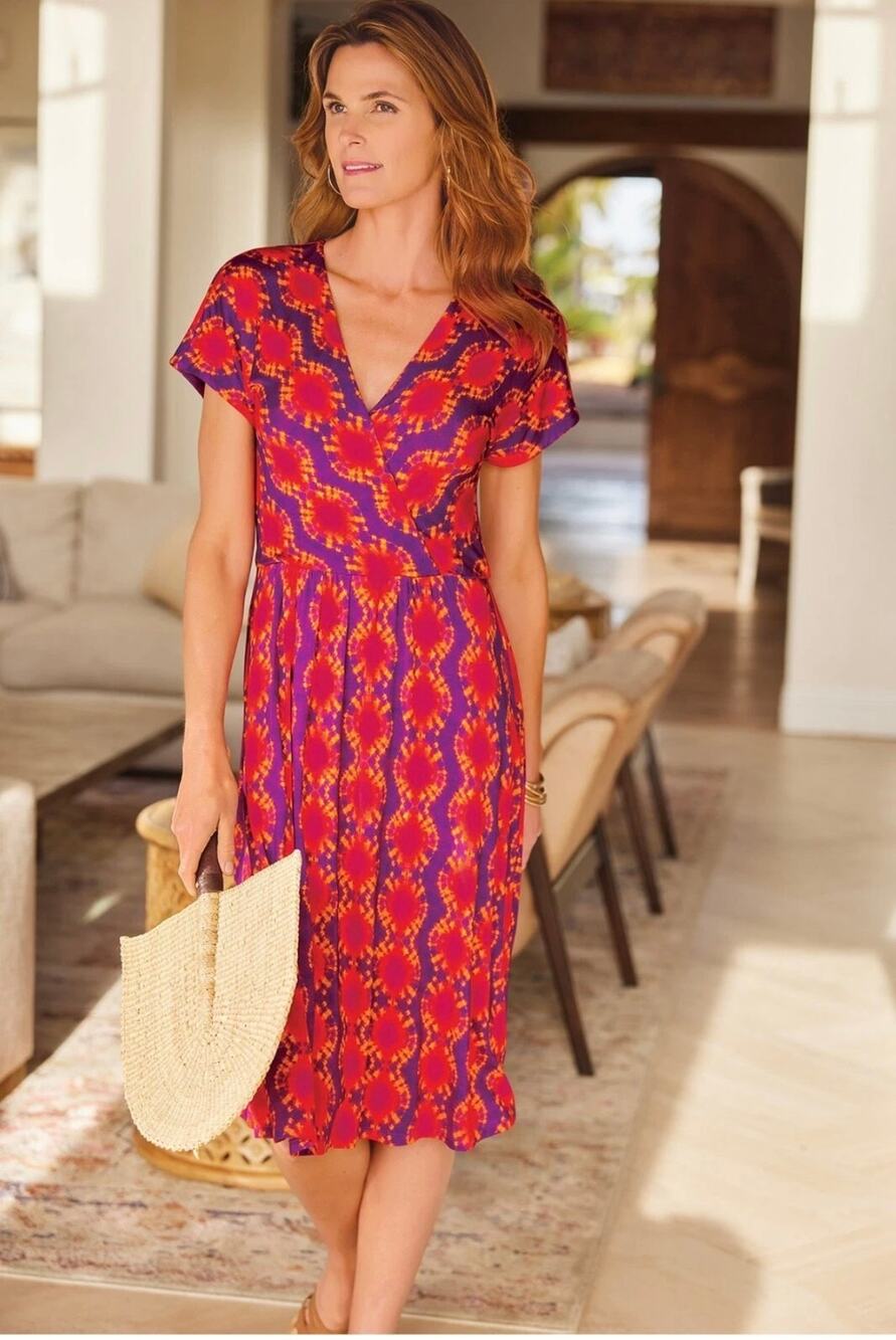New Soft Surroundings Kaveri Dress Purple Red Jersey Knit Stretch Short Sleeve